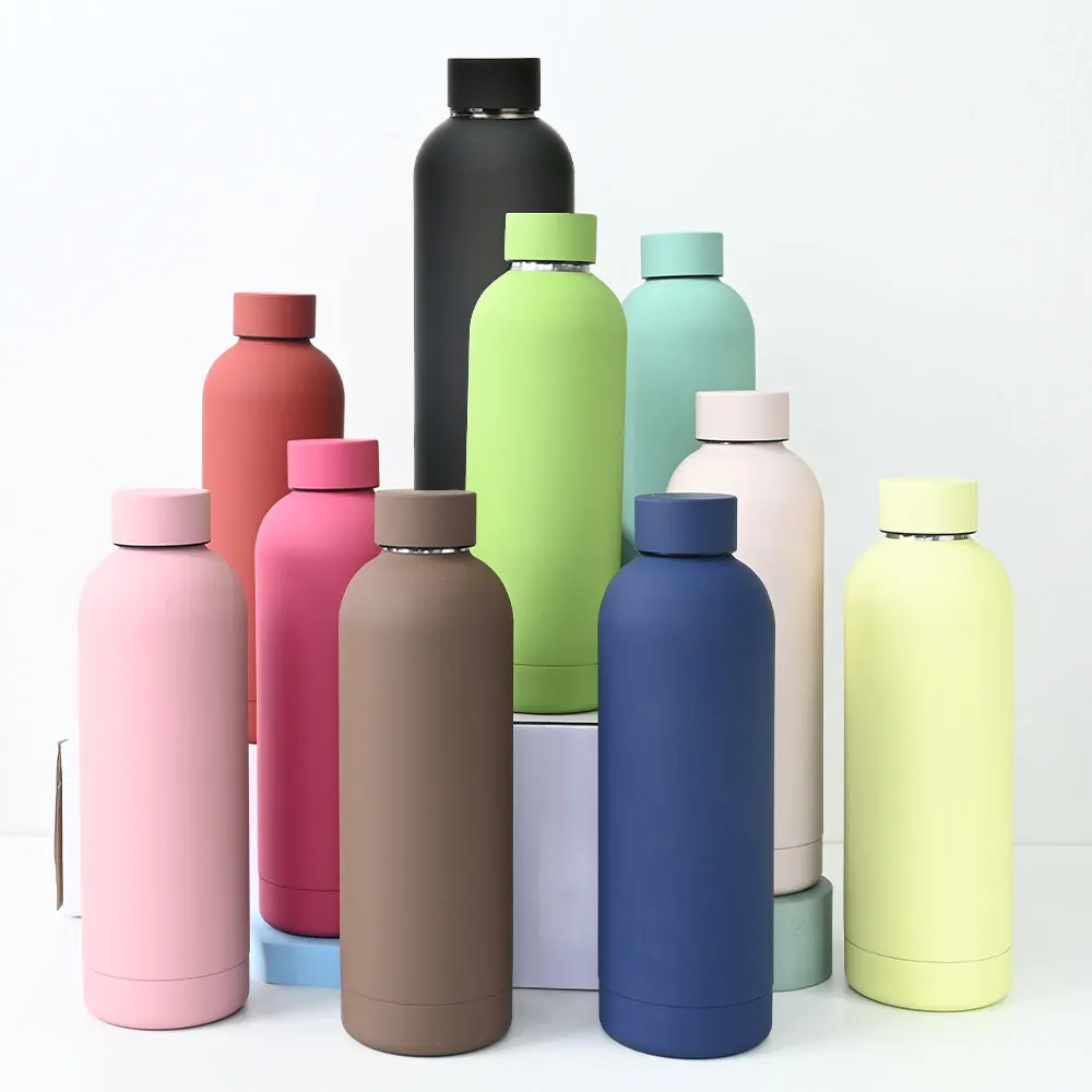 Custom logo soft touch 500ml double wall insulated vacuum flask color stainless steel water bottle with rubber paint