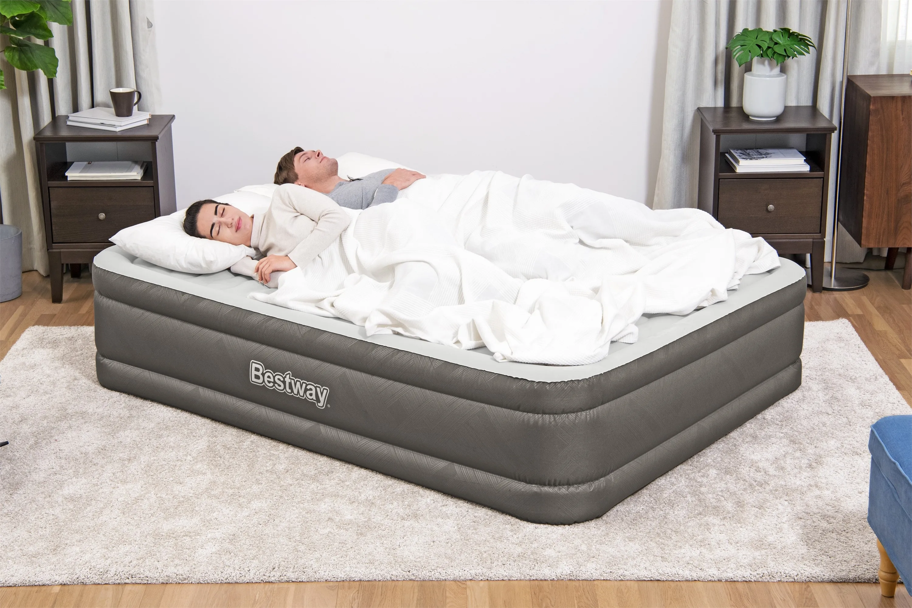 Bestway 69050 Modern Design Double Inflatable Bed Foldable for Gym & Hotel Use Indoor Size with Built-in Pump Air Mattress