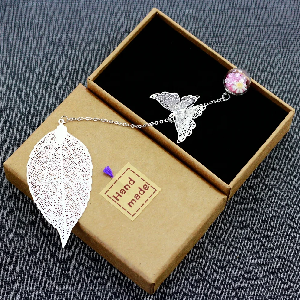 High Quality Brass Feather Bookmark Metal 3D Butterfly Leaf Bookmarks as Graduation Souvenir  In Gift Box