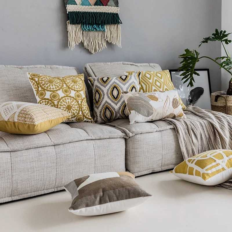 Monad Good Quality Decorative Square Chinese Embroidered Yellow Solid Cotton Pillow Sets Cushion Cover For Sofa