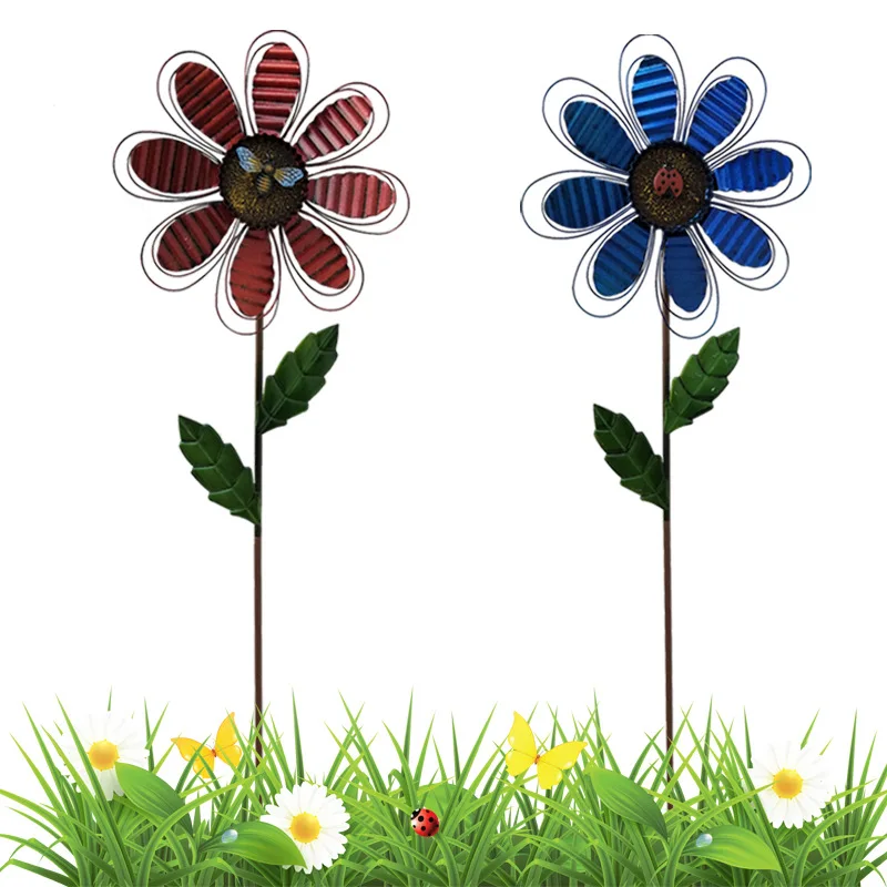 Flower With Insects Windmill Metal Rotating Flower Windmill With Stake Standing Lawn Flower Pinwheel Outdoor Garden Stakes Decor