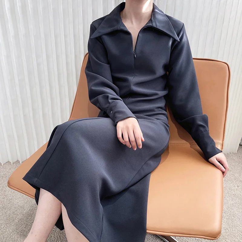 2021 дизайнерское однотонное женское платье-рубашка на молнии с длинным рукавом элегантное стильное длинное платье-рубашка макси