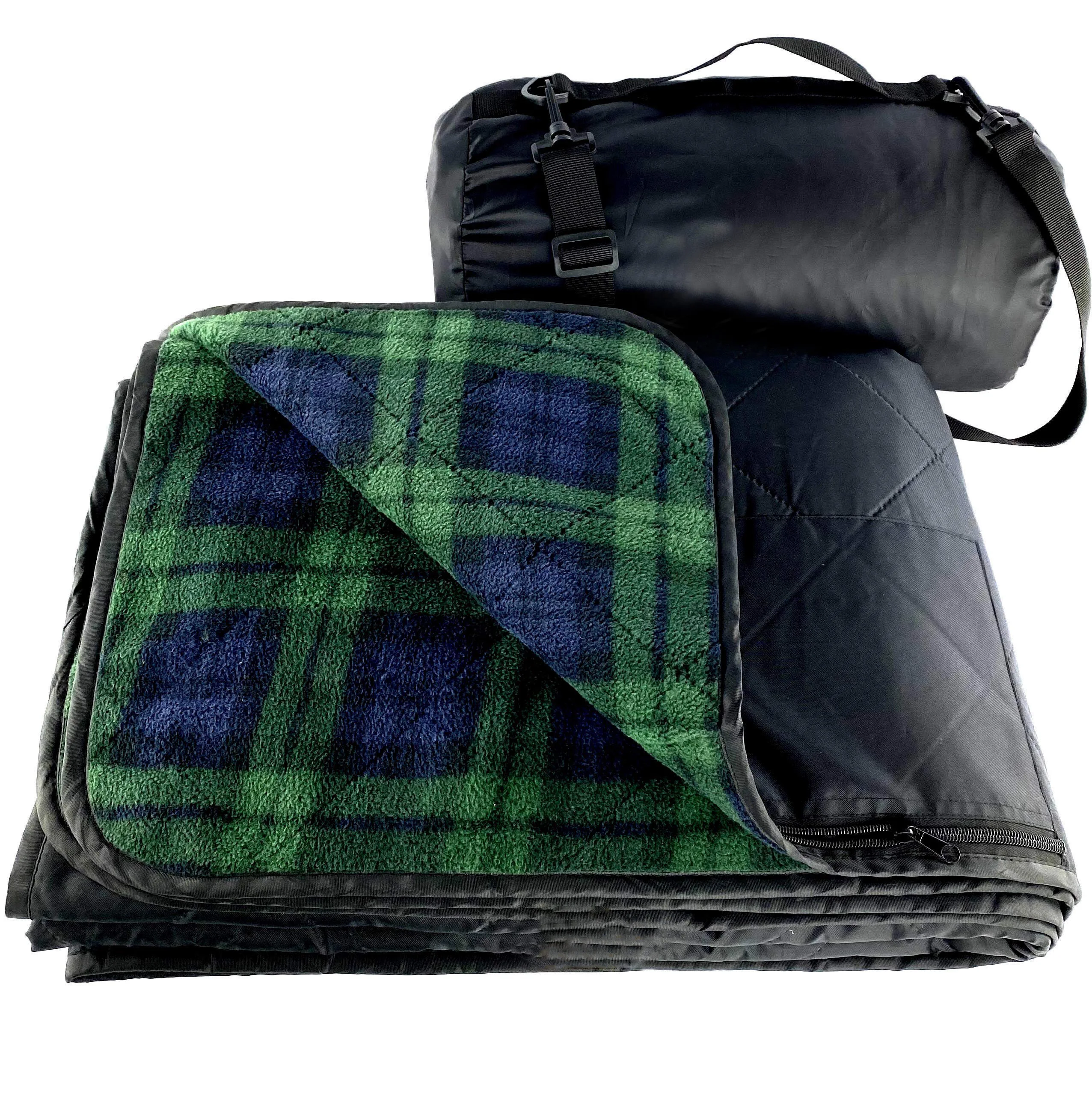 Outdoor Blanket Plaid Foldable Carry Zip Up Tartan Tote Picnic Mat Large Scottish Padded Blanket Plaid with Mini Bag