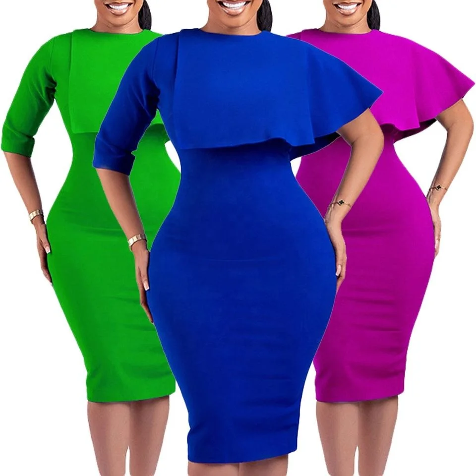 D325 New design plus size women clothing ruffles elegant lady office dressing midi high waist career dresses church dress women