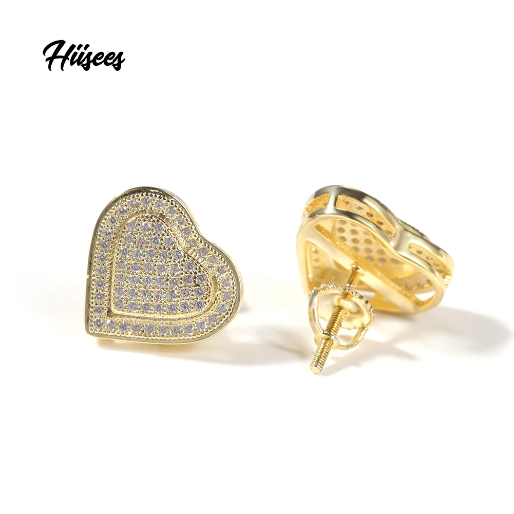 Hip hop 925 sterling silver earrings full cz paved heart shape silver stud earrings luxury jewellery for men