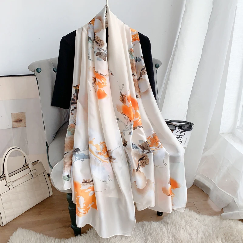 High Quality 90*180 cm Satin Silk Long Scarf for Women Luxury Printed Custom Long Hijab Shawls
