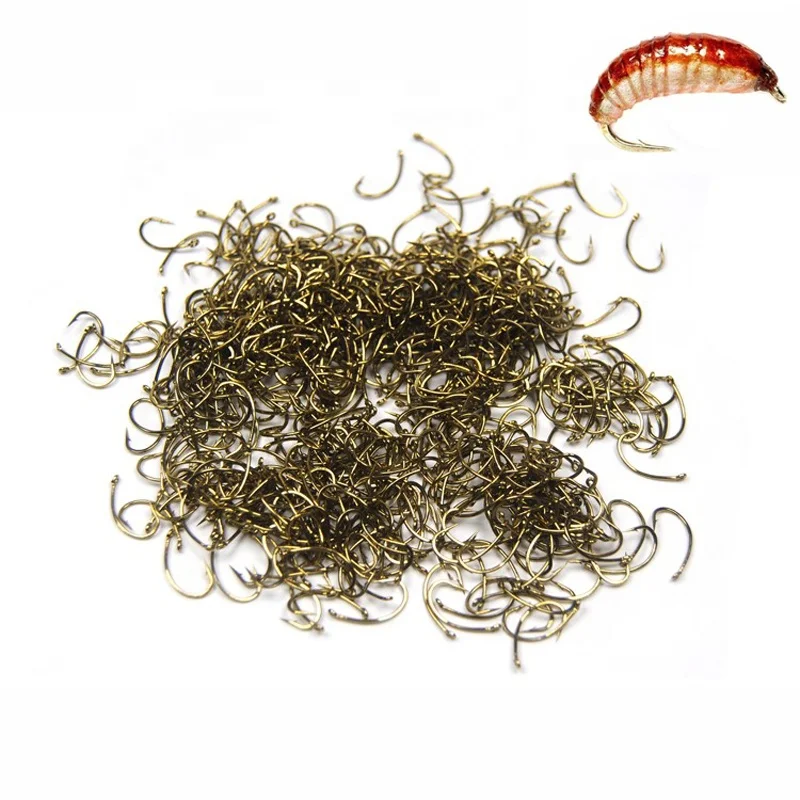 Wholesale 500PCS Fly Hook Nymph Bug Shrimp Pupae Larvae Caddis Fly Tying Fish Hooks #10 #12 #14 Gold Bronze Sharping