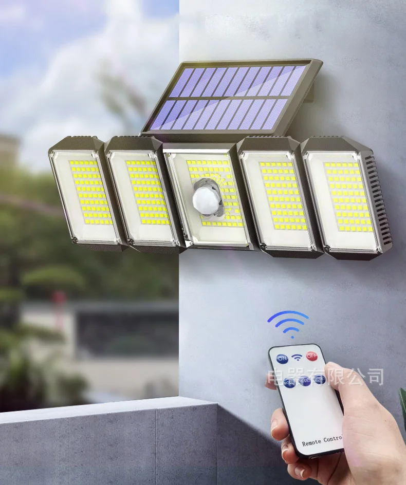 Super Bright 300 Led Solar Light Ip65 Waterproof Motion Sensor Outdoor 5 Head Remote Control Solar Garden Light Solar Wall Light