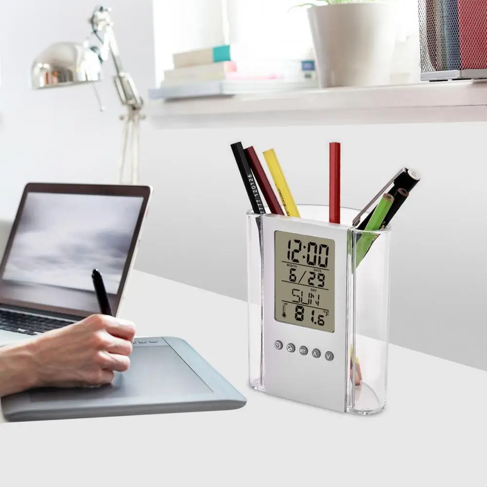 Desktop Perpetual Calendar Temperature LCD Electronic Nurse Pen Holder with Alarm Clock for Home Office