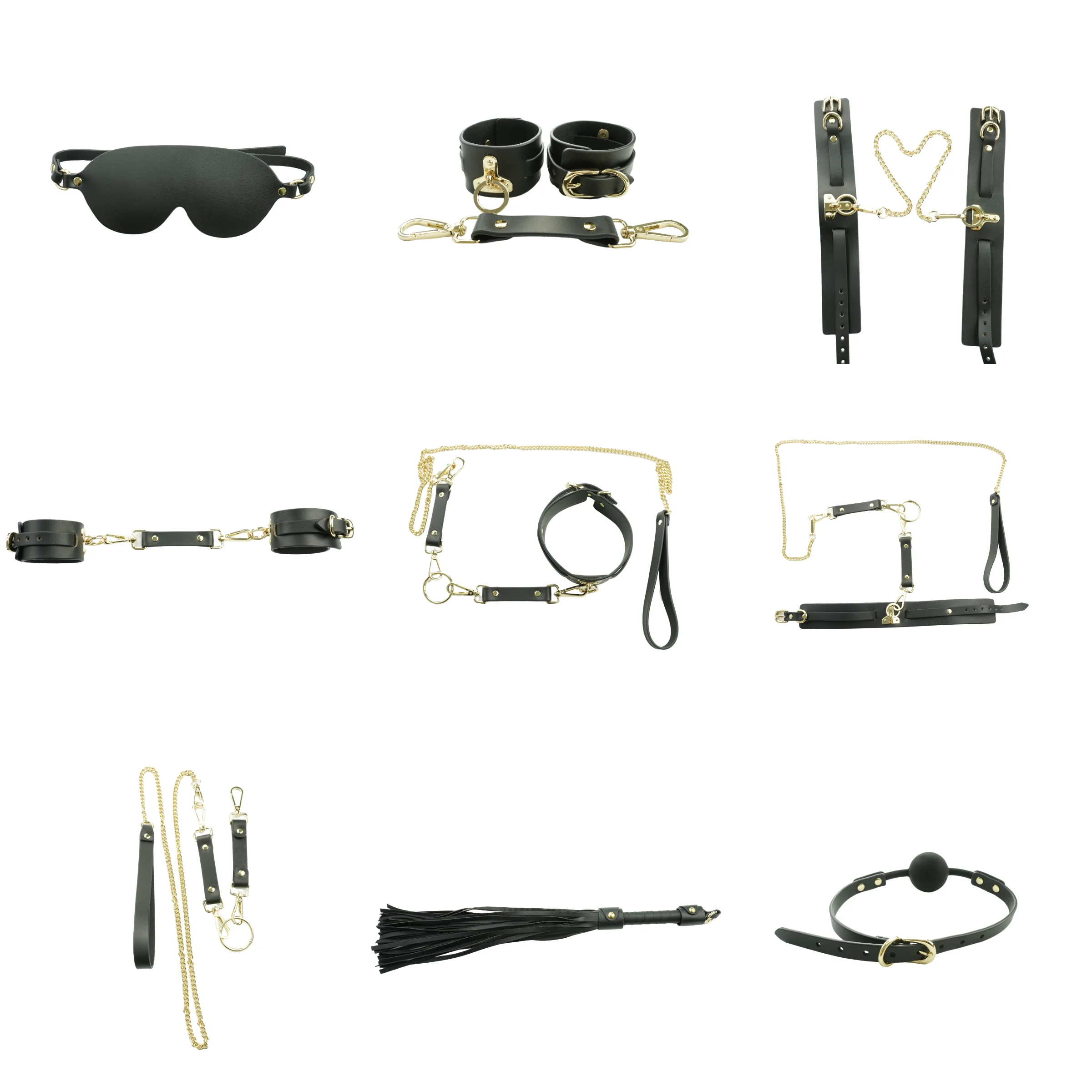 High Quality Customized Leather Sexy Handcuffs Whip Blindfold Collar and Leash Bondage SM Products Silicone Gag ball