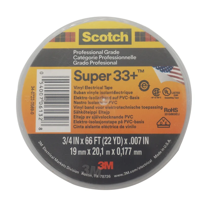 Factory Custom Rubber Hot Melt Insulation Electrical Tape Scotland Super 33 + PVC 0.18mm Black Adhesive