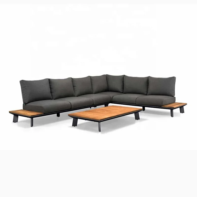 
Outdoor Furniture Garden Teak Wood Waterproof Fabric Sofa Set with Corner Lounge Set White Aluminum and Dark Gray Cushions 