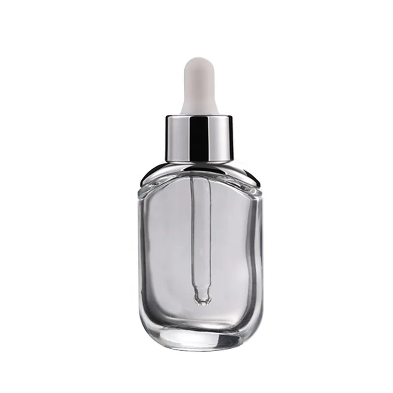 Wholesale transparent flat square glass dropper bottle 30ml glass bottles with gold silver dropper cap