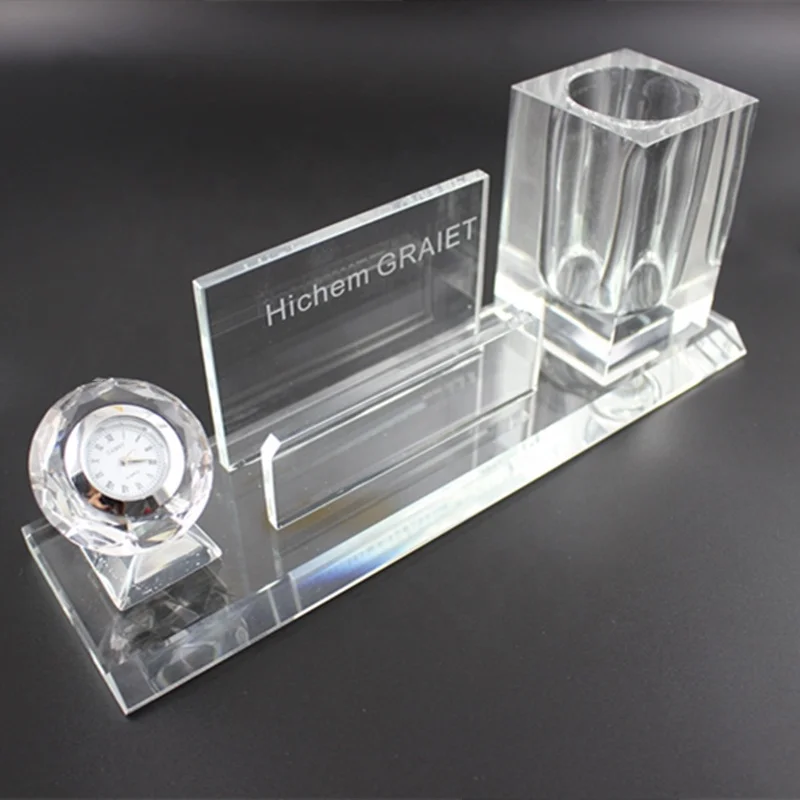 office set promotional three in one crystal penholder and card holder with clock/crystal glass clock business card holder