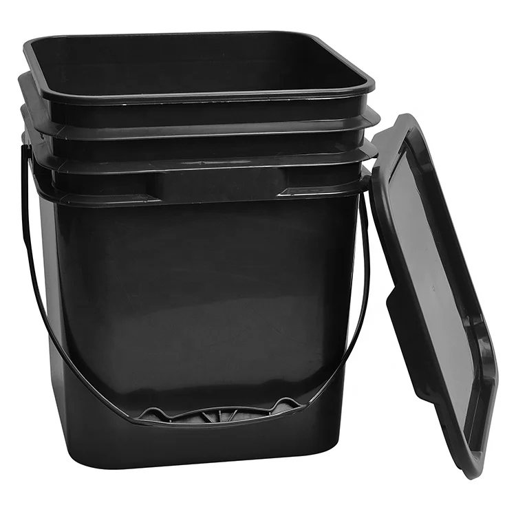 17L Square Bucket Black Plastic Pail With Lid