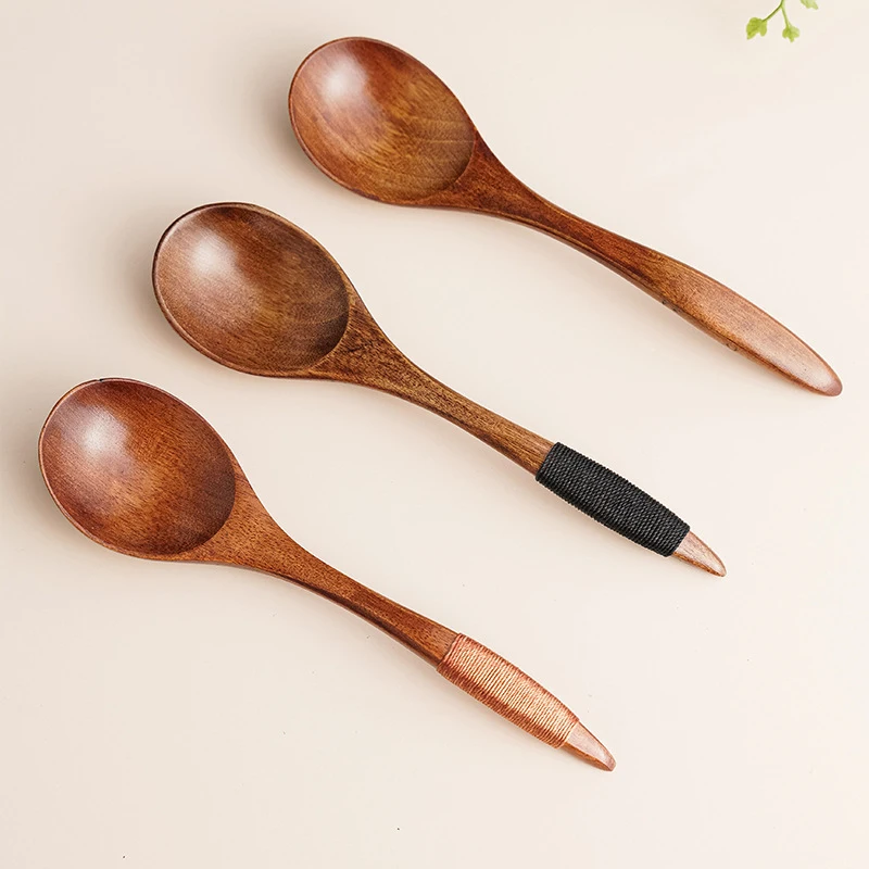 Wood Soup Spoons for Eating Mixing Stirring, Long Handle Spoon with Chinese Japanese Style Kitchen Utensil.