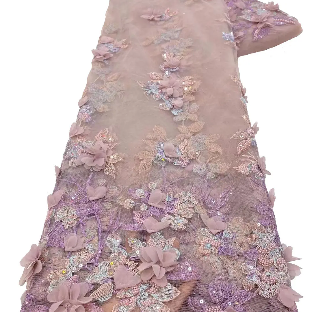 Three-dimensional Flower Dress Embroidered Fabric Fashion French Wedding Dress Bead Tube Lace Fabric