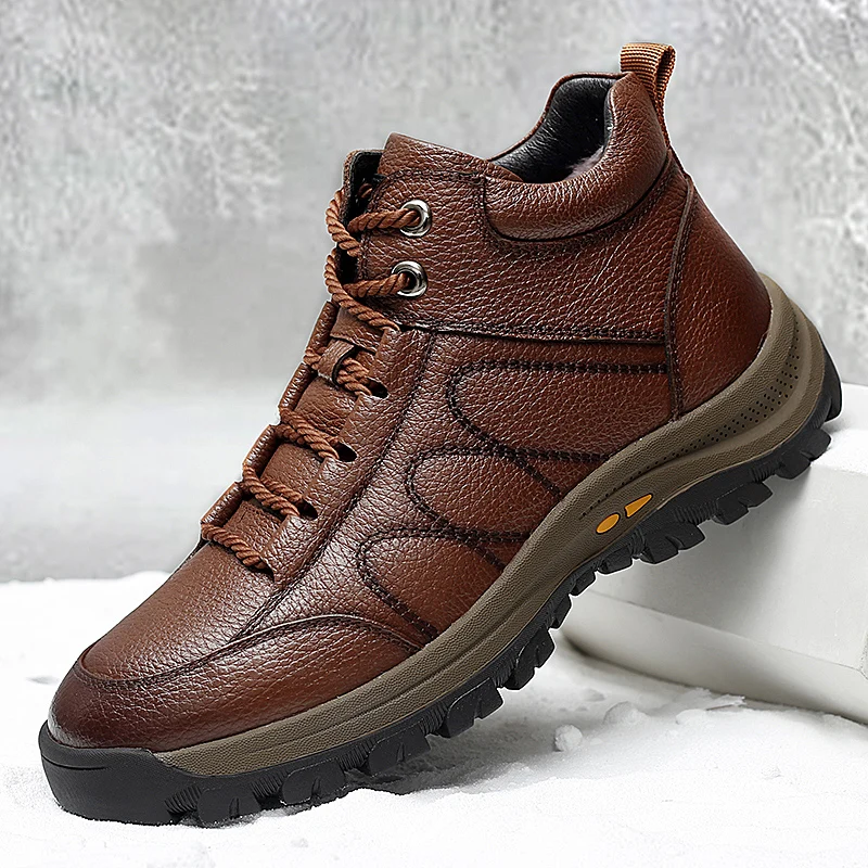 
2019 New Winter real leather neb ankle sneakers Faux Fur lining snow boots warm shoes outdoor Martin boots for men 