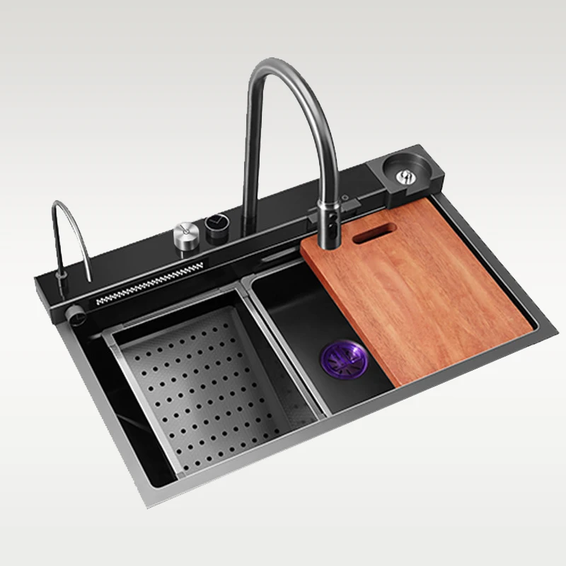 Handmade Nano Stainless Steel Single Bowl Integrated LED Digital Display Piano Key Flying Rainfall Kitchen Sink With Cup Washer