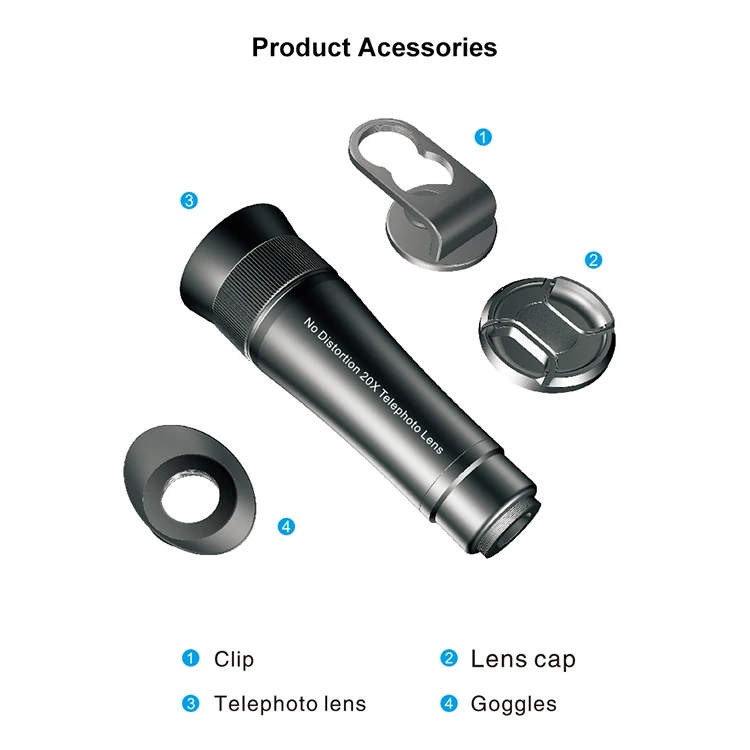 Handheld 20X Monocular Zoom Telescope For Mobile Phone Camera Lens With Universal Tripod Mount Clips