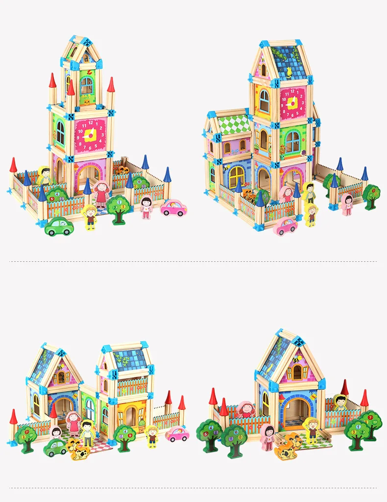 House Building Block Sets 3D Jigsaw Puzzles Educational Toys Hot Sale Wooden for Kids Color Box Wood Unisex Colorful HUIFENG