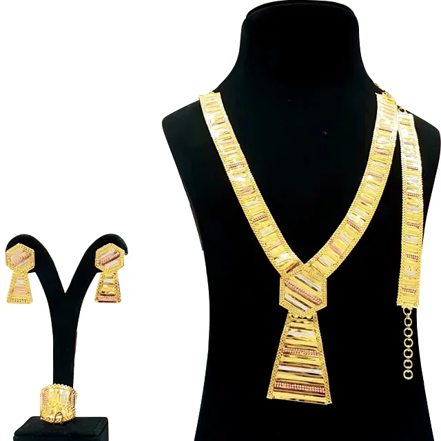 3 Tone Gold Plated Stainless Steel Necklace Fashionable Ins Jewelry with Chain & Ring Pattern Boxed for Stylish Women