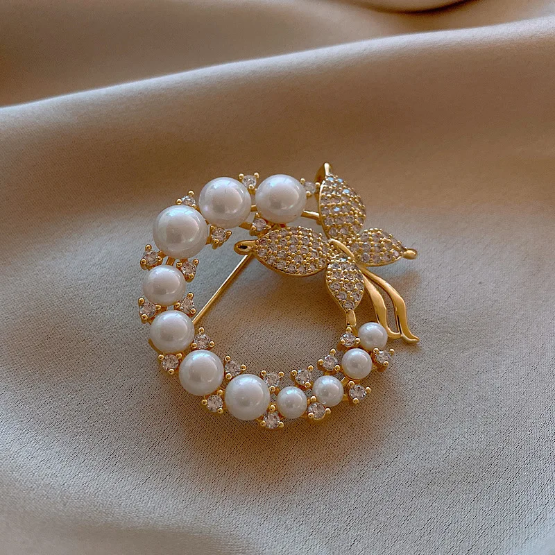 New Pearl And Rhinestone Circle Brooches For Women Trendy Elegant Butterfly Brooch Pins Party Wedding Gifts