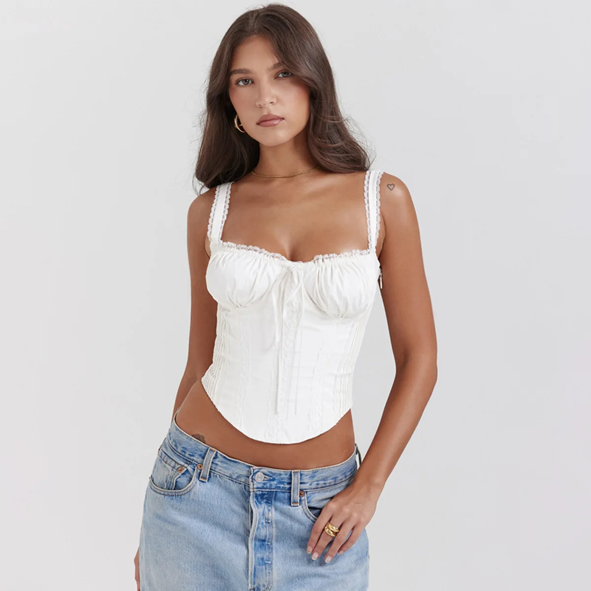 2024 Fashion Strap Ruched White Lace Top Bow See Through Sexy Crop Top Women Cami Y2K Ladies Bow Frill Hot Tank Tops  2782