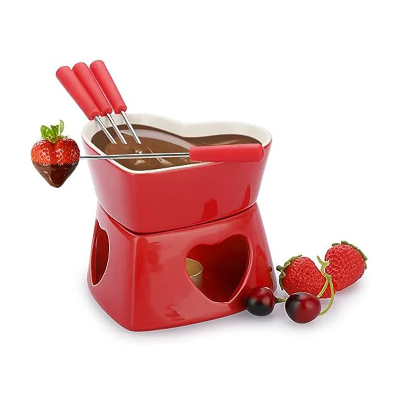 Butter Warmer Fondue Set Custom Ceramic Chocolate Warmer Cup Cheese Fondue Red Heart Shaped Fondue Pot with 4 Forks