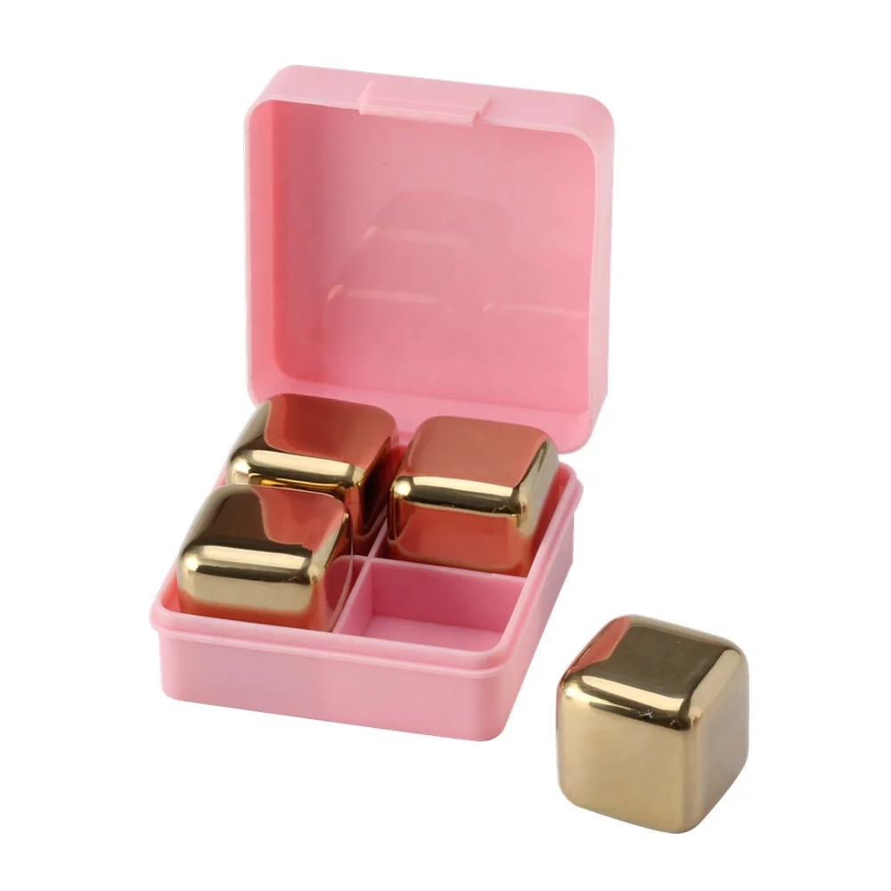 Stainless Steel Ice Cube, 4 Pcs Whiskey Stone Set with Pink PP Box ,for Wine, Beverage, PVD Gold