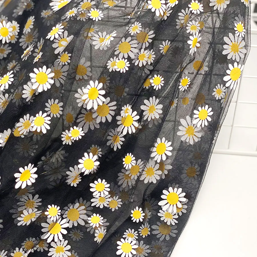 Wholesale price women party poly dress black princess skirt beautiful coated printed daisy net tulle mesh fabric