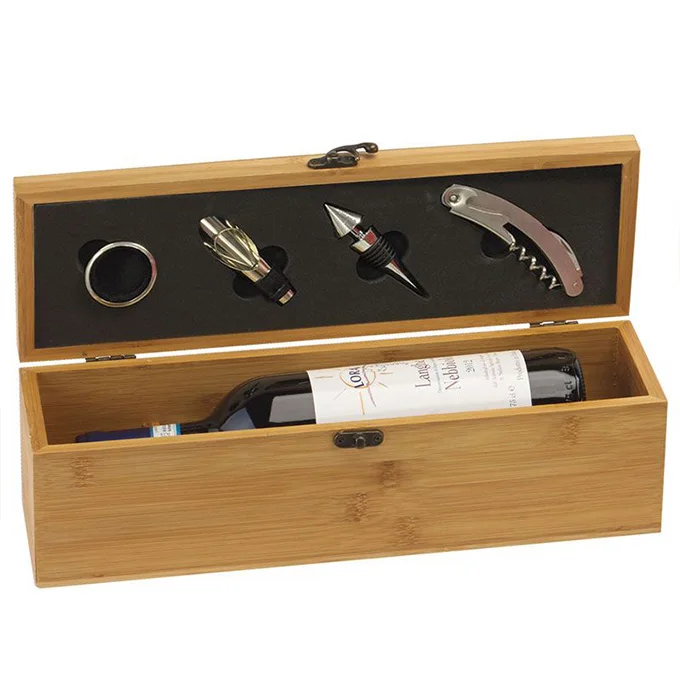 Custom top grade bamboo wine box gift box with 4 wine tools