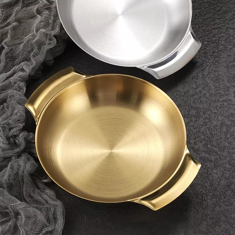 Hot Selling Stainless Steel Plate Seafood Metal Serving Tray Golden Round With Double Ear