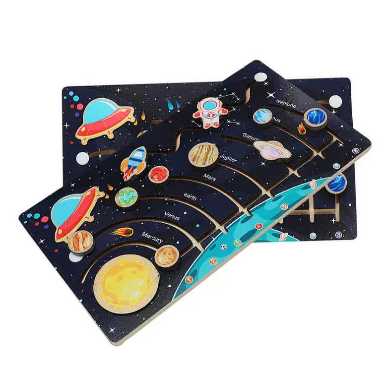 Children Wooden Puzzle Solar System Space Planet Cognitive Baby Early Education Wooden Puzzle Board Kids Montessori Wooden Toys
