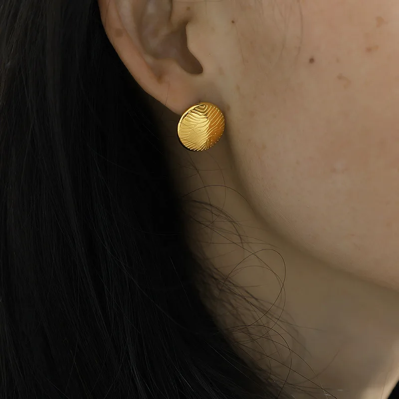 France Style High Quality Real Gold Plated Stainless Steel Irregular Pattern Round Disc Stud Earrings For Women