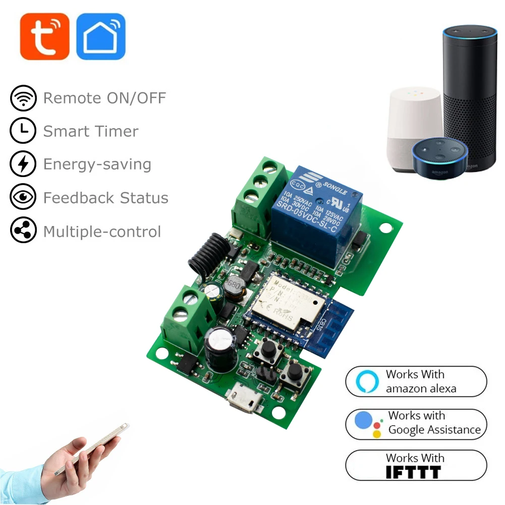 Tuya AC/DC 12V 433 МГц Беспроводная Wi-Fi умный переключатель релейный модуль для умного дома Apple Android App управление с встроенной функцией