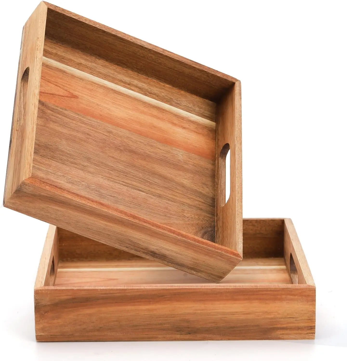 2 piece Acacia wooden tray with handle, square wooden tray, suitable for food, dinner, coffee, wine, appetizer wooden tray