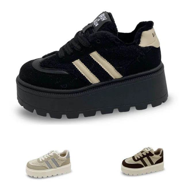 Wholesales New Products Thick Sole Sneakers Fur PU Warm Lining Flat Casual Walking Shoes