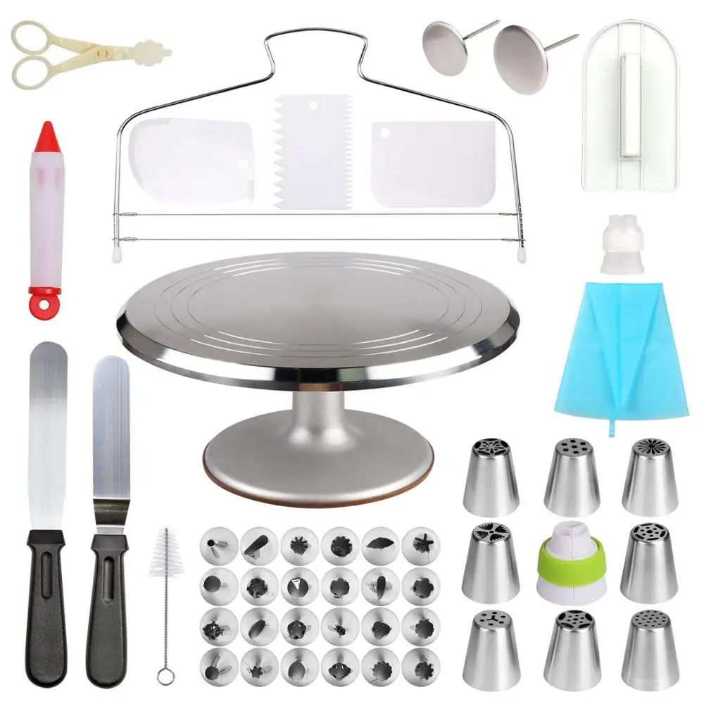
48 pcs Cake Decorating Supplies Aluminium Alloy Revolving 12 Inch Cake Turntable Icing Spatula Smoother Piping Nozzles Rotating 