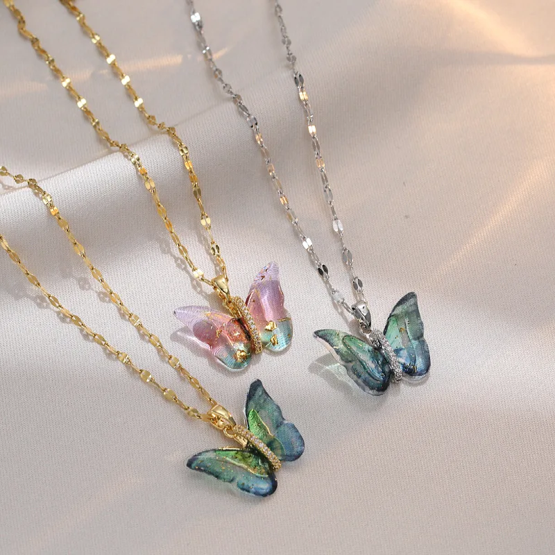 Fashion Jewelry Wmicro Inlaid Zircon Gradient Dream Color Butterfly Stylish And Simple Personality Titanium Steel Necklace