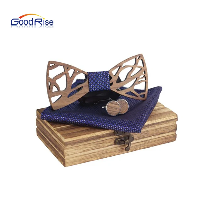 Wood Hollow Carved Cut Out Floral Gifts Wooden Bow Tie Set Mens Pocket Square Handmade
