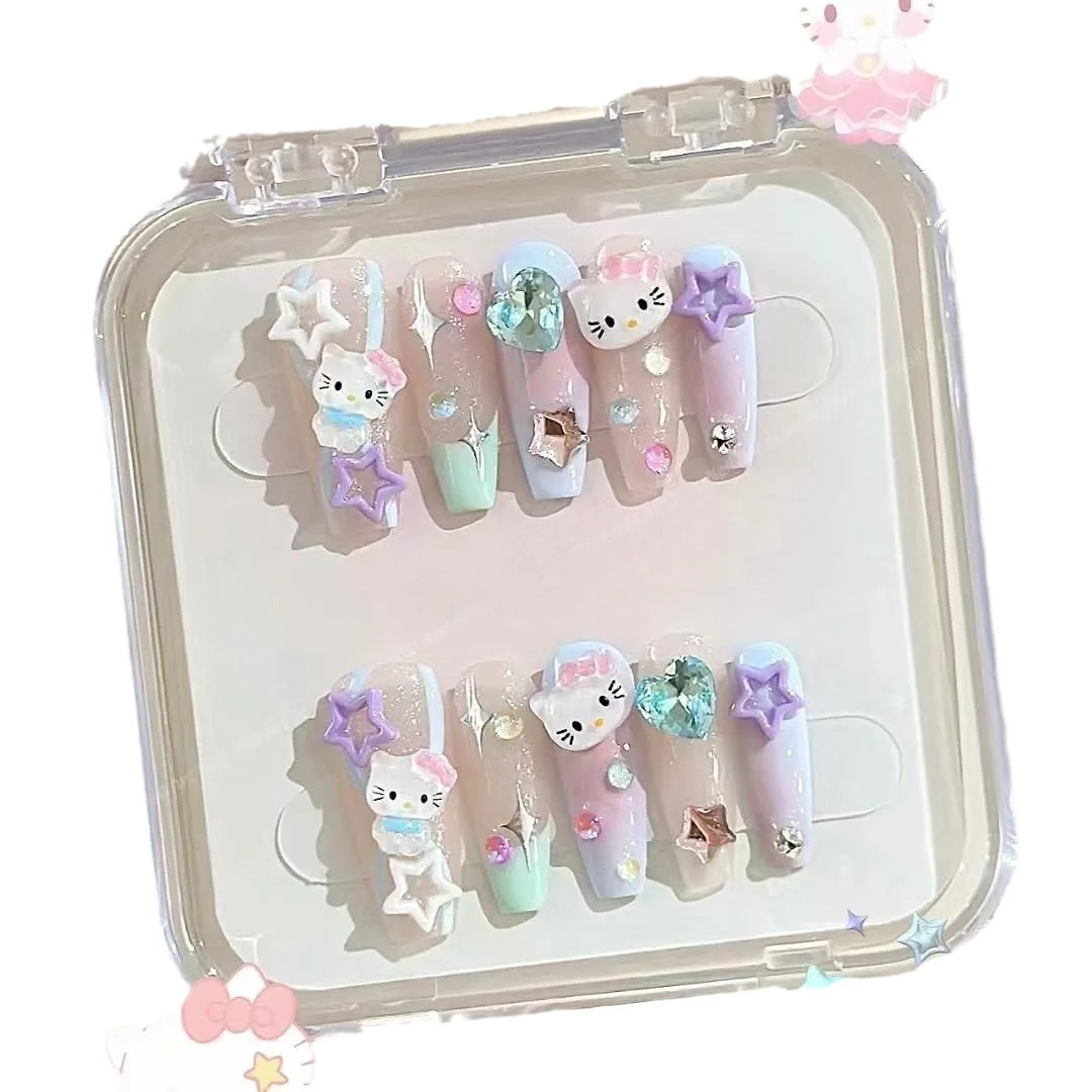 Handmade Nails Detachable Summer Candy Color cute kt press on nails cute japanese anime acrylic nails for Girls Gifts