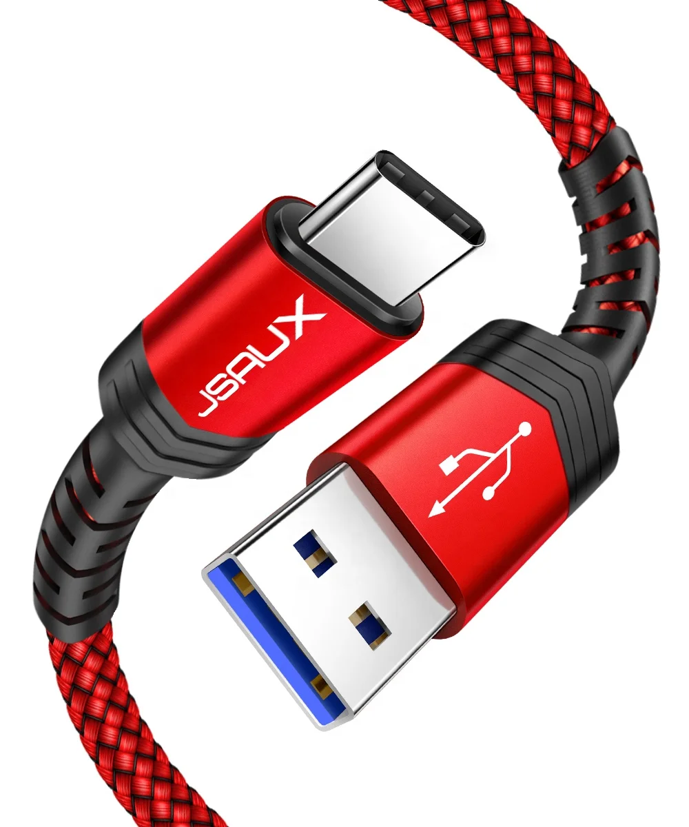 JSAUX 3A 3 Meters Red USB-A to USB-C Type C Nylon Braided Charging Data Cable