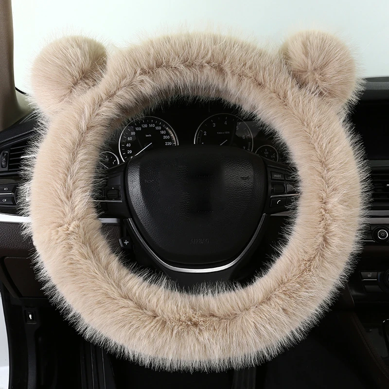 cute faux wool long plush comfortable anti slip unfading unshedding pink thermal girl steering wheel cover for lady