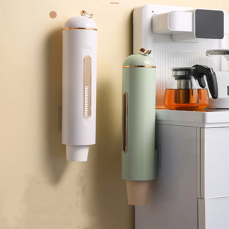 Disposable Water Paper Cup Extractor Holder Dust Proof Wall Mount Cup Dispenser with Storage Box Cup Picker