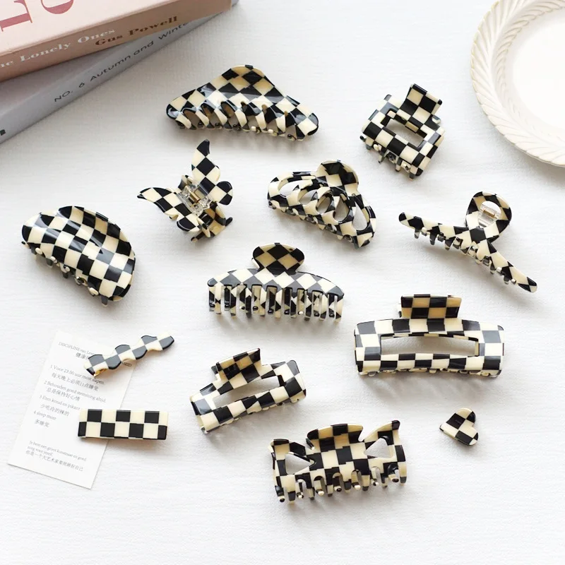 Ins Checkerboard Hair Claw Clips Acetate Fiber Hair Claw Metal Hair Accessories For Women& Girls
