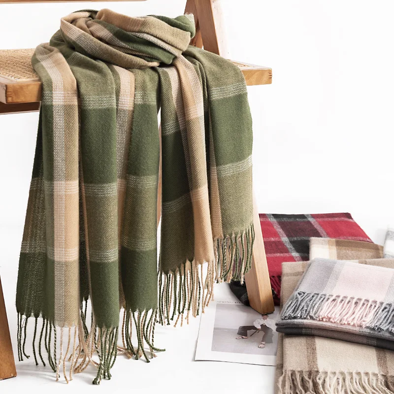 New Designer Warm Soft Pashmina Neck Scarves Shawl Blanket Ladies Plaid Tassel Cashmere Winter Scarf for Women