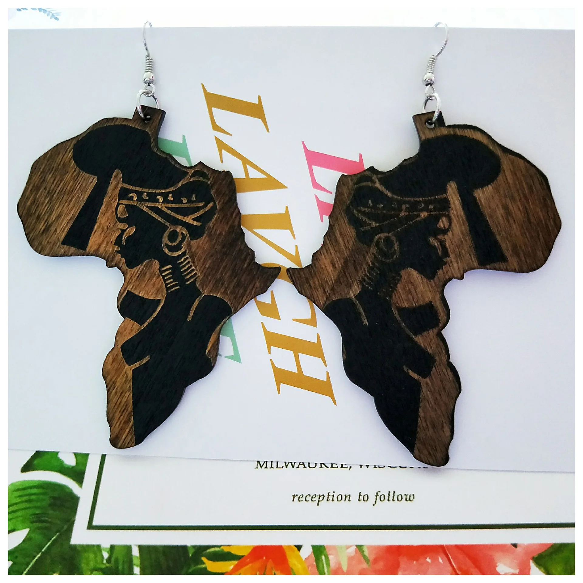 Hiphop Accessory African Brown Wood Africa Map Earring Tribal Engraved Tropical Wooden Earring For Women