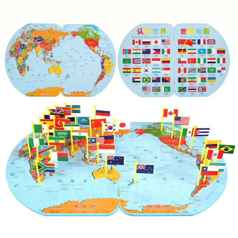 Baby Geographical Knowledge with National Flag Cognitive Toys Wooden 3D World Map Flag Toy