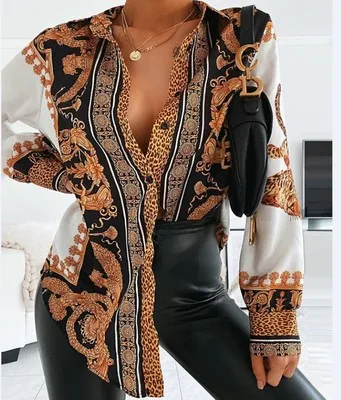 Baroque Leopard Print Casual Shirt Long Sleeve Top Ladies For Women Sexy Blouses